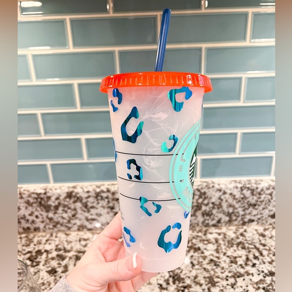 Starbucks Cold Cup Mom Fuel Leopard Print Blue and Orange NEW - Picture 3 of 5
